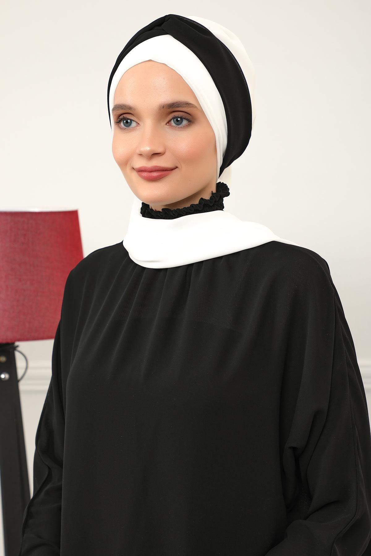 Instant Turban Lightweight Multicolor Chiffon Scarf Head Turbans For Women Headwear Stylish Elegant Design,HT-45 Ivory - Black