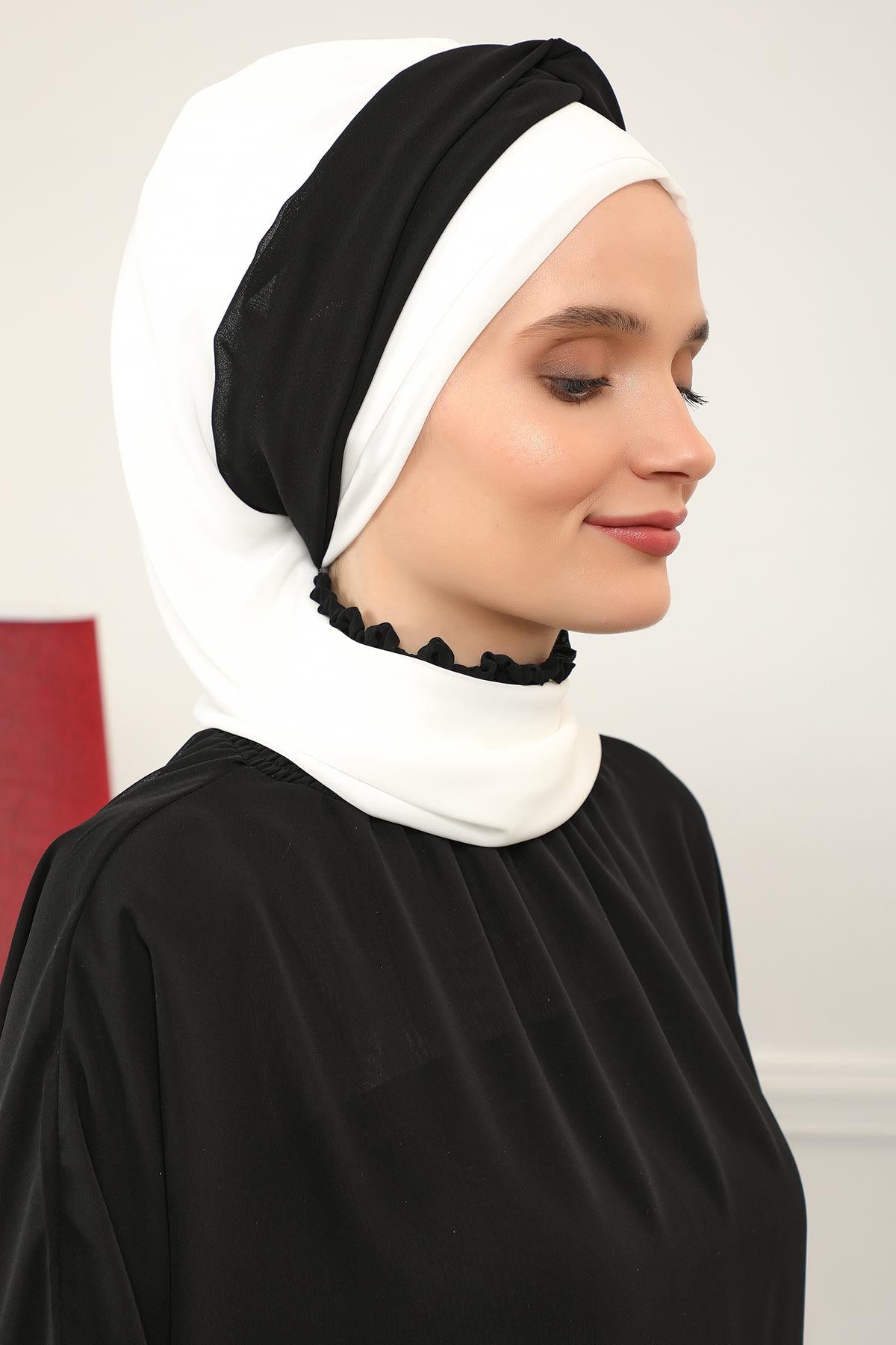 Instant Turban Lightweight Multicolor Chiffon Scarf Head Turbans For Women Headwear Stylish Elegant Design,HT-45 Ivory - Black