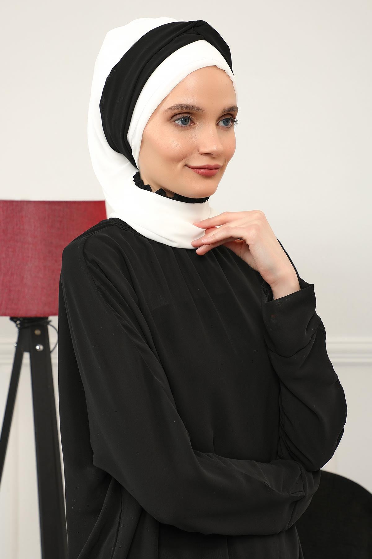 Instant Turban Lightweight Multicolor Chiffon Scarf Head Turbans For Women Headwear Stylish Elegant Design,HT-45 Ivory - Black