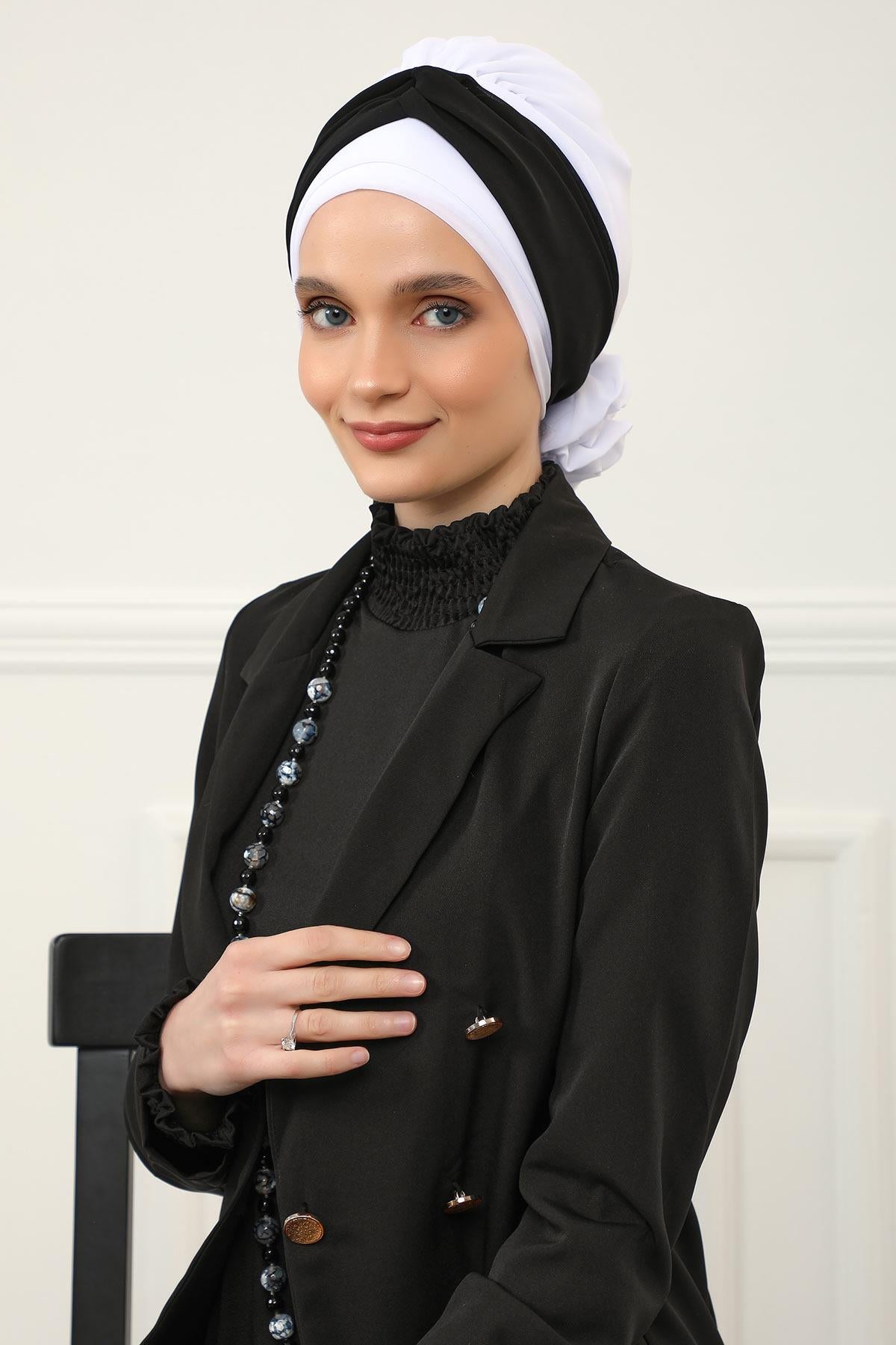 Instant Turban Lightweight Multicolor Chiffon Scarf Head Turbans For Women Headwear Stylish Elegant Design,HT-45 Off-White - Black