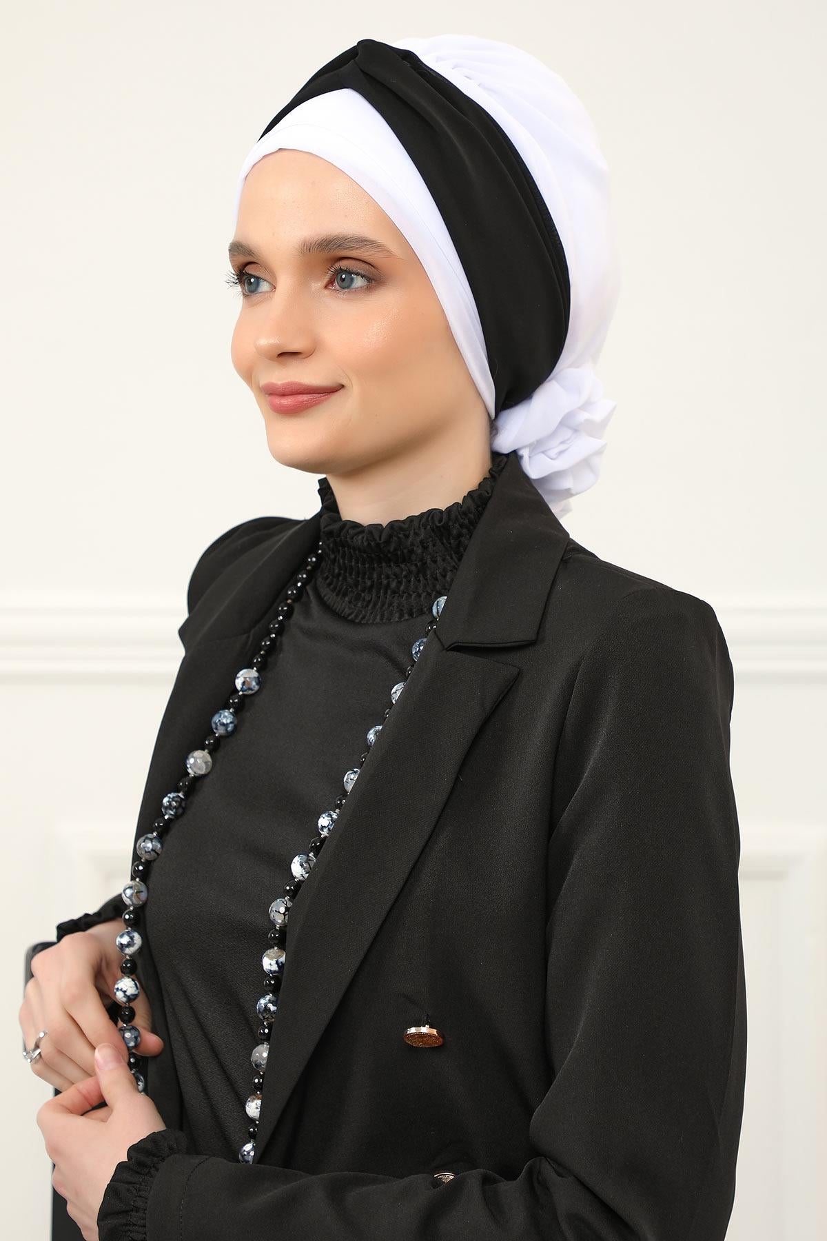 Instant Turban Lightweight Multicolor Chiffon Scarf Head Turbans For Women Headwear Stylish Elegant Design,HT-45 Off-White - Black