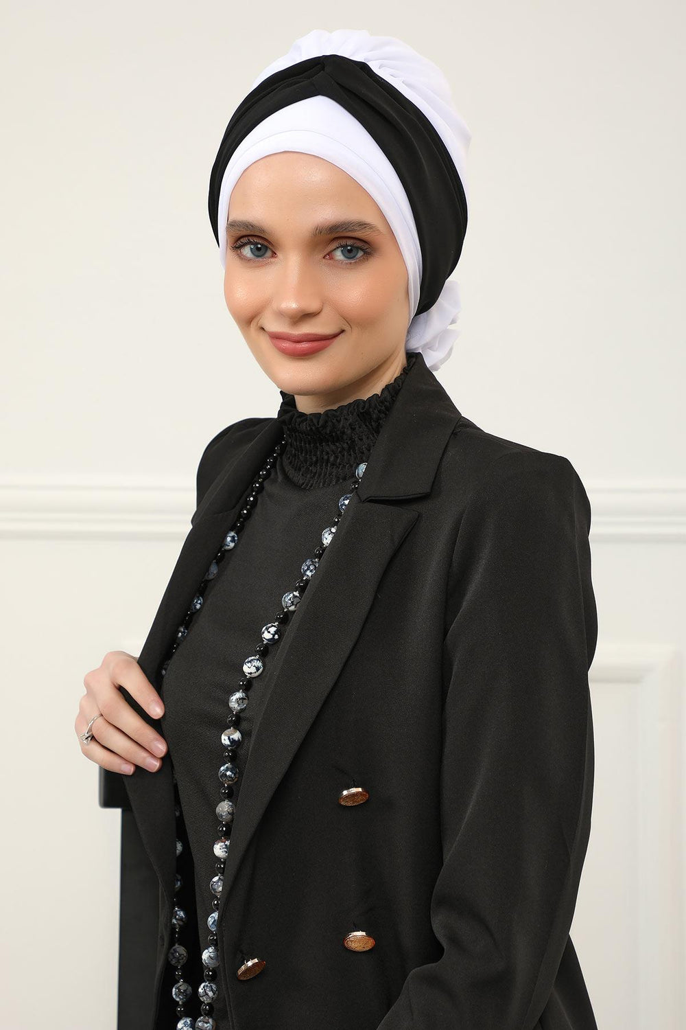 Instant Turban Lightweight Multicolor Chiffon Scarf Head Turbans For Women Headwear Stylish Elegant Design,HT-45 Off-White - Black