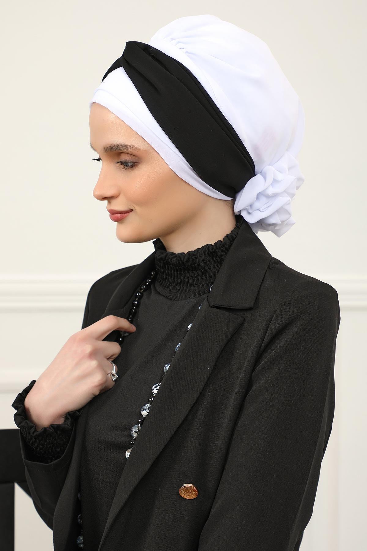 Instant Turban Lightweight Multicolor Chiffon Scarf Head Turbans For Women Headwear Stylish Elegant Design,HT-45 Off-White - Black