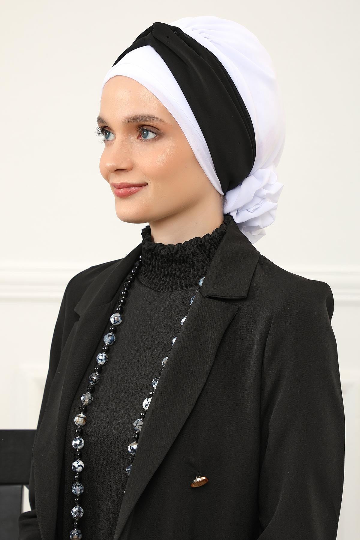 Instant Turban Lightweight Multicolor Chiffon Scarf Head Turbans For Women Headwear Stylish Elegant Design,HT-45 Off-White - Black