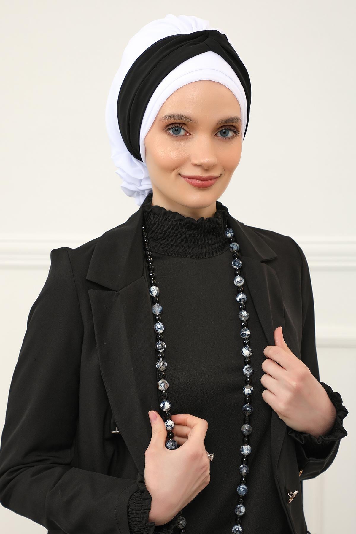 Instant Turban Lightweight Multicolor Chiffon Scarf Head Turbans For Women Headwear Stylish Elegant Design,HT-45 Off-White - Black