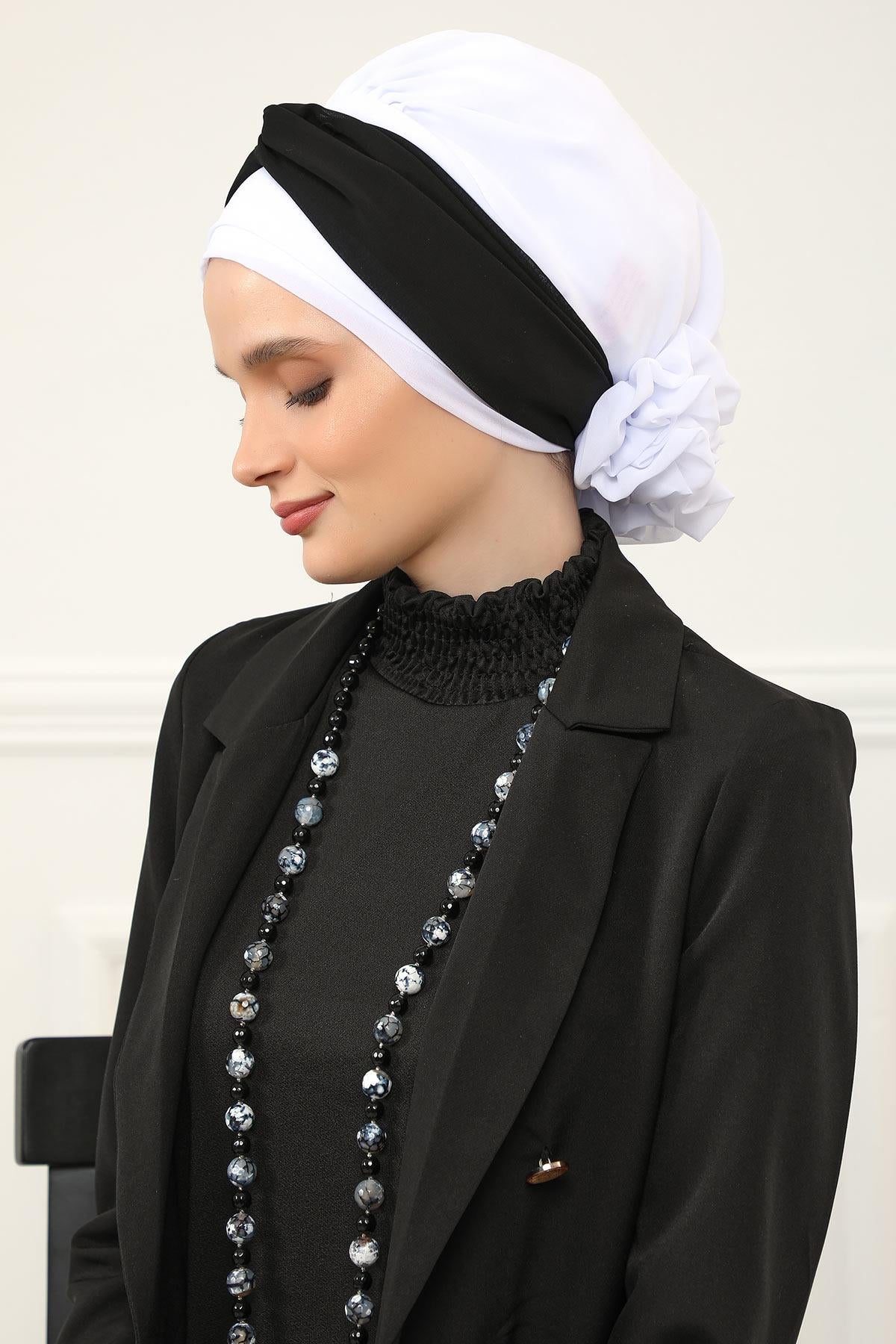 Instant Turban Lightweight Multicolor Chiffon Scarf Head Turbans For Women Headwear Stylish Elegant Design,HT-45 Off-White - Black