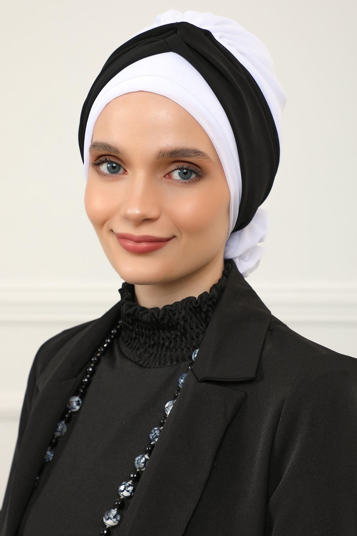 Instant Turban Lightweight Multicolor Chiffon Scarf Head Turbans For Women Headwear Stylish Elegant Design,HT-45 Off-White - Black