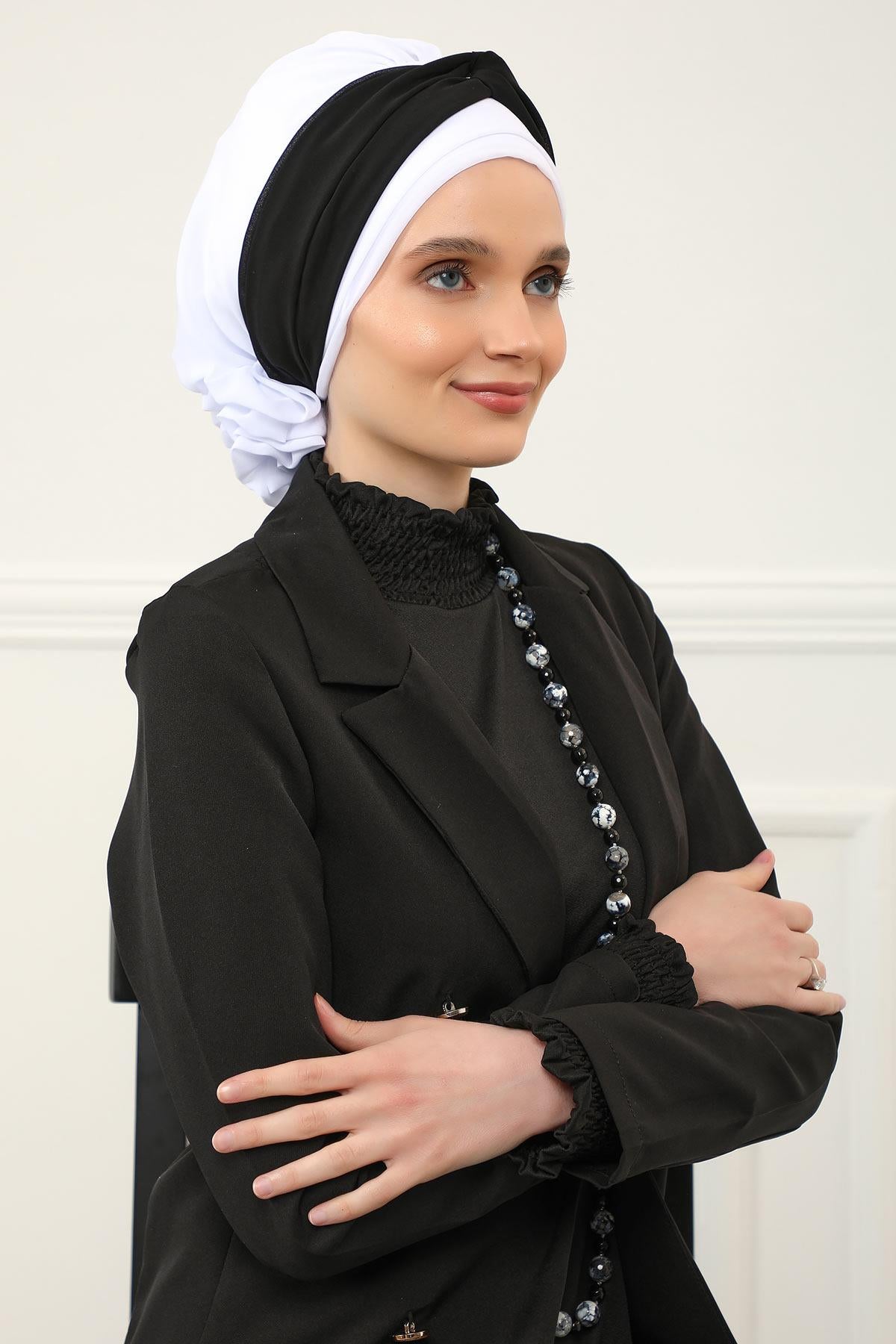 Instant Turban Lightweight Multicolor Chiffon Scarf Head Turbans For Women Headwear Stylish Elegant Design,HT-45 Off-White - Black
