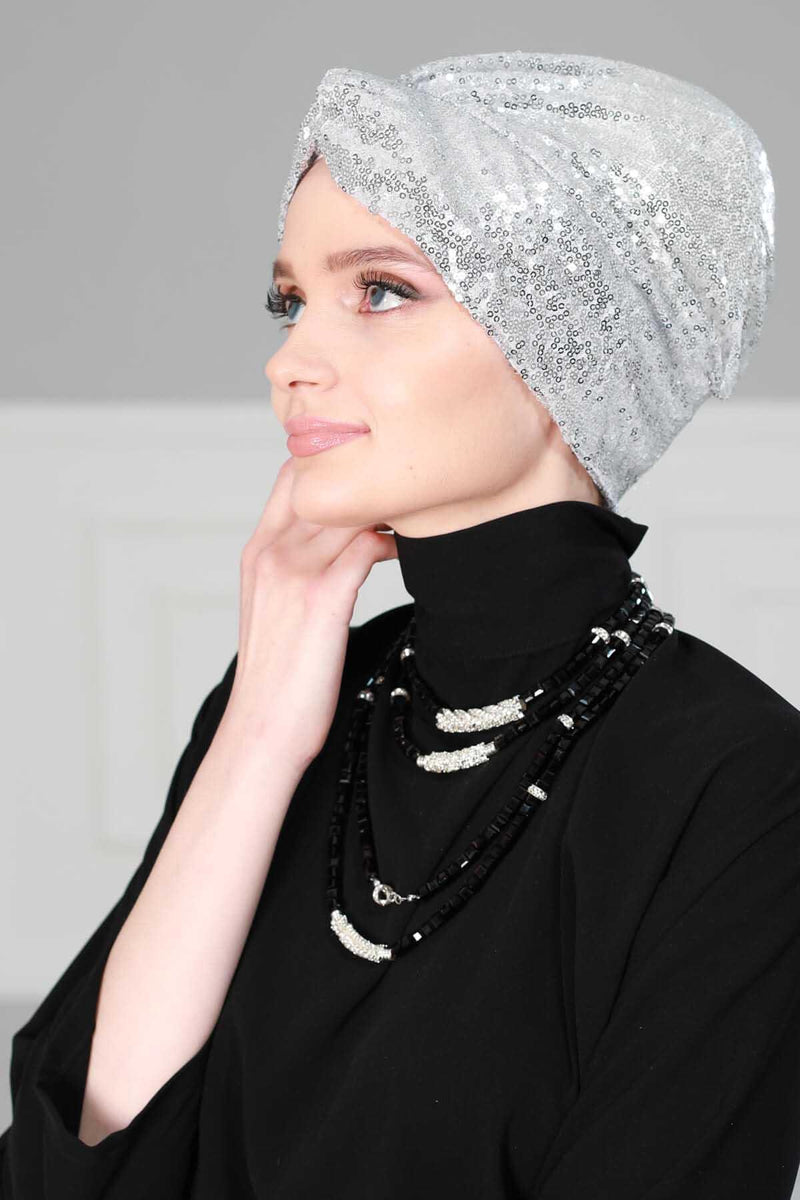 Instant Turban Maharajah Style Sequined Head Wrap For Women Glitter Headscarf Bonnet Cap,B-4PY