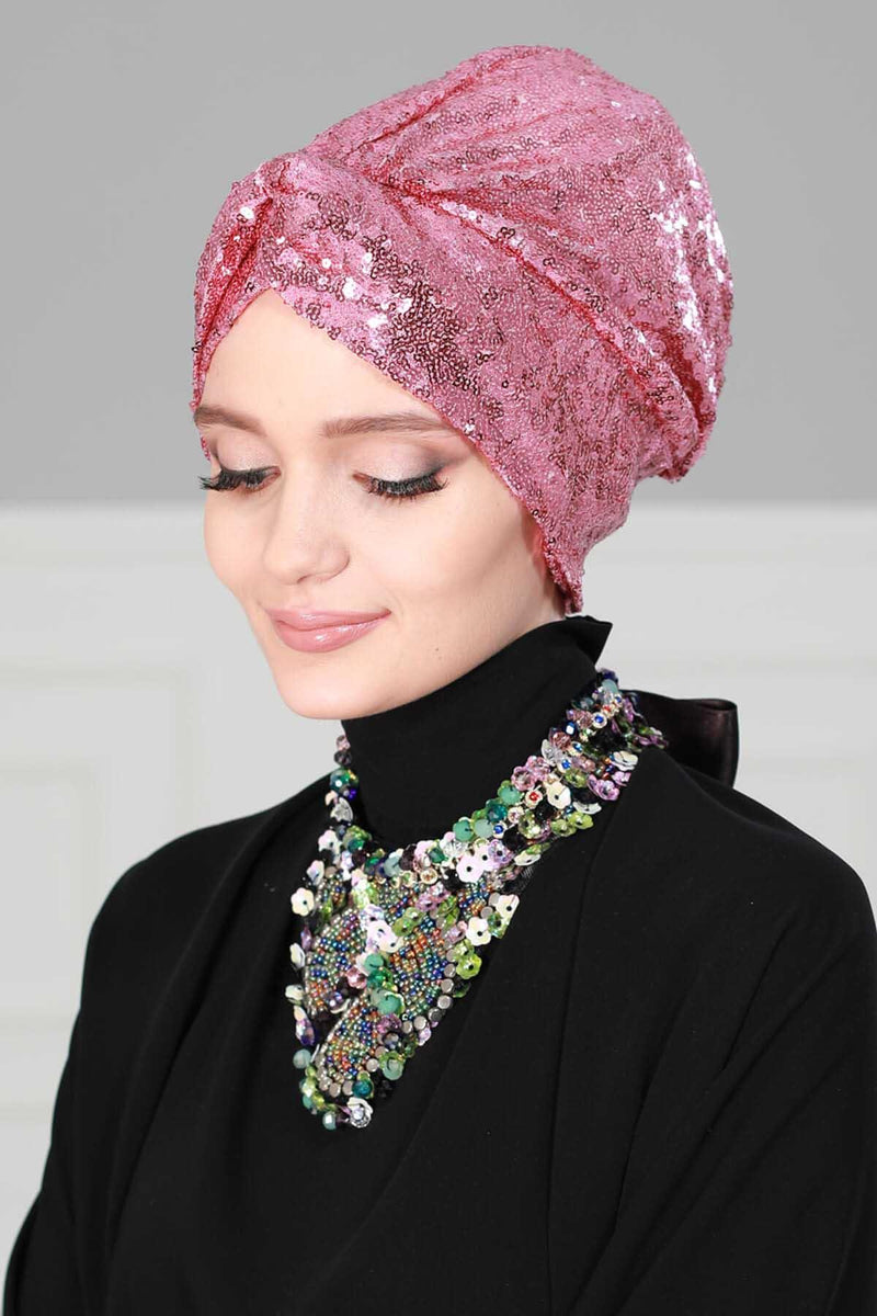 Instant Turban Maharajah Style Sequined Head Wrap For Women Glitter Headscarf Bonnet Cap,B-4PY