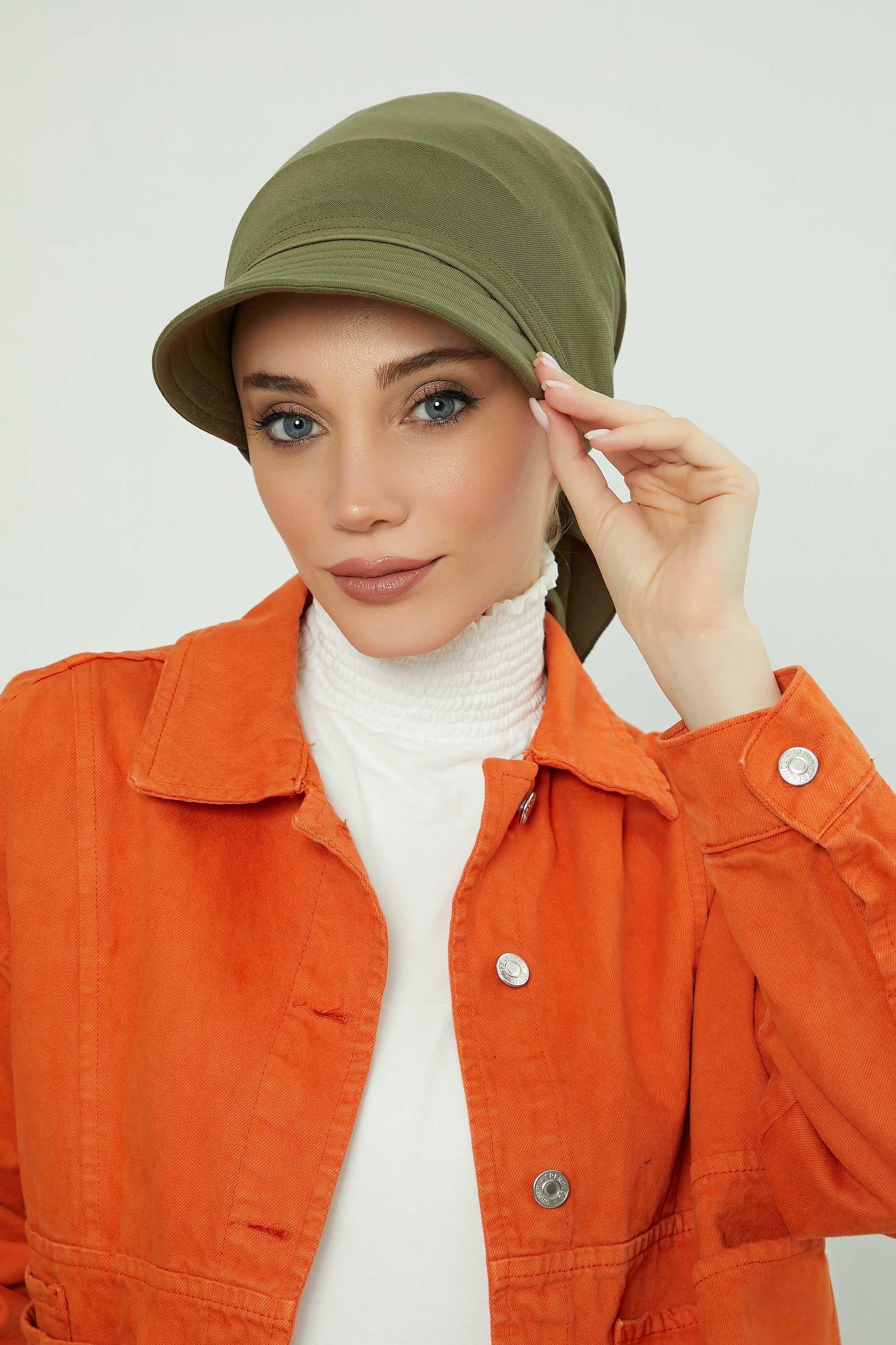 Instant Turban Newsboy Hat for Women, 95% Cotton Women's Visor Cap, Stylish Chemo Bonnet Visor Cap, Handmade Women Newsboy Headwear,B-71 Army Green