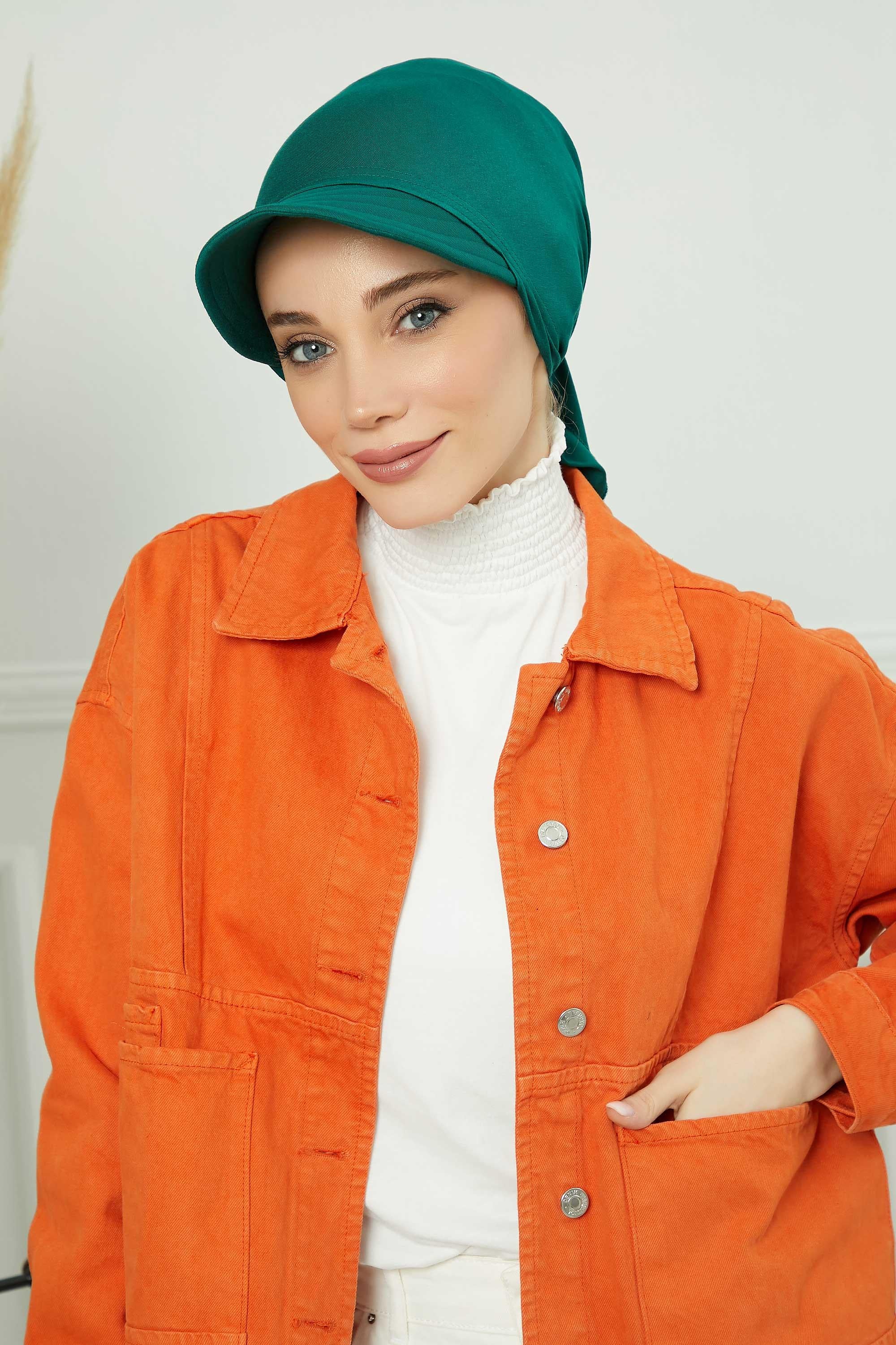 Instant Turban Newsboy Hat for Women, 95% Cotton Women's Visor Cap, Stylish Chemo Bonnet Visor Cap, Handmade Women Newsboy Headwear,B-71 Green