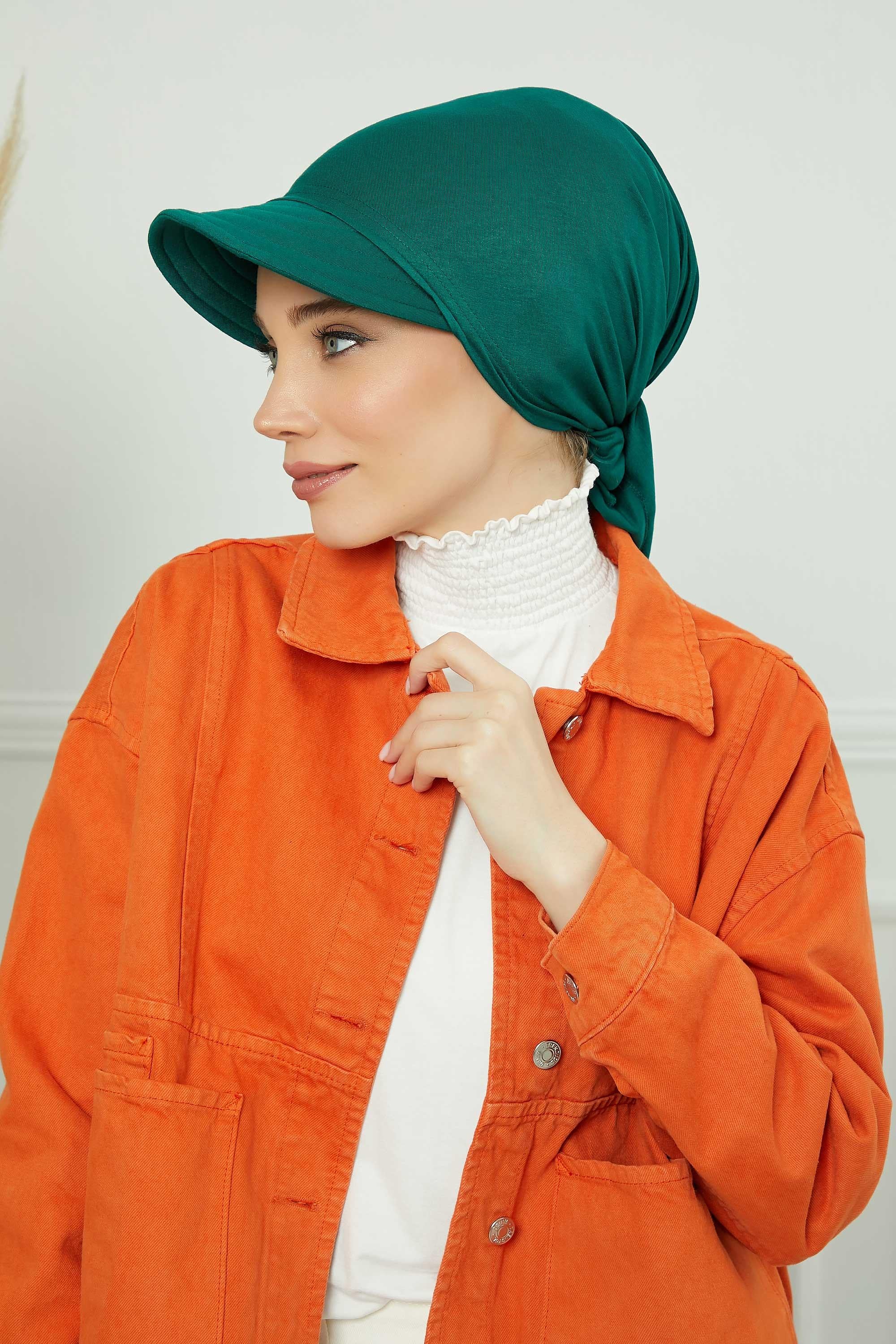 Instant Turban Newsboy Hat for Women, 95% Cotton Women's Visor Cap, Stylish Chemo Bonnet Visor Cap, Handmade Women Newsboy Headwear,B-71 Green