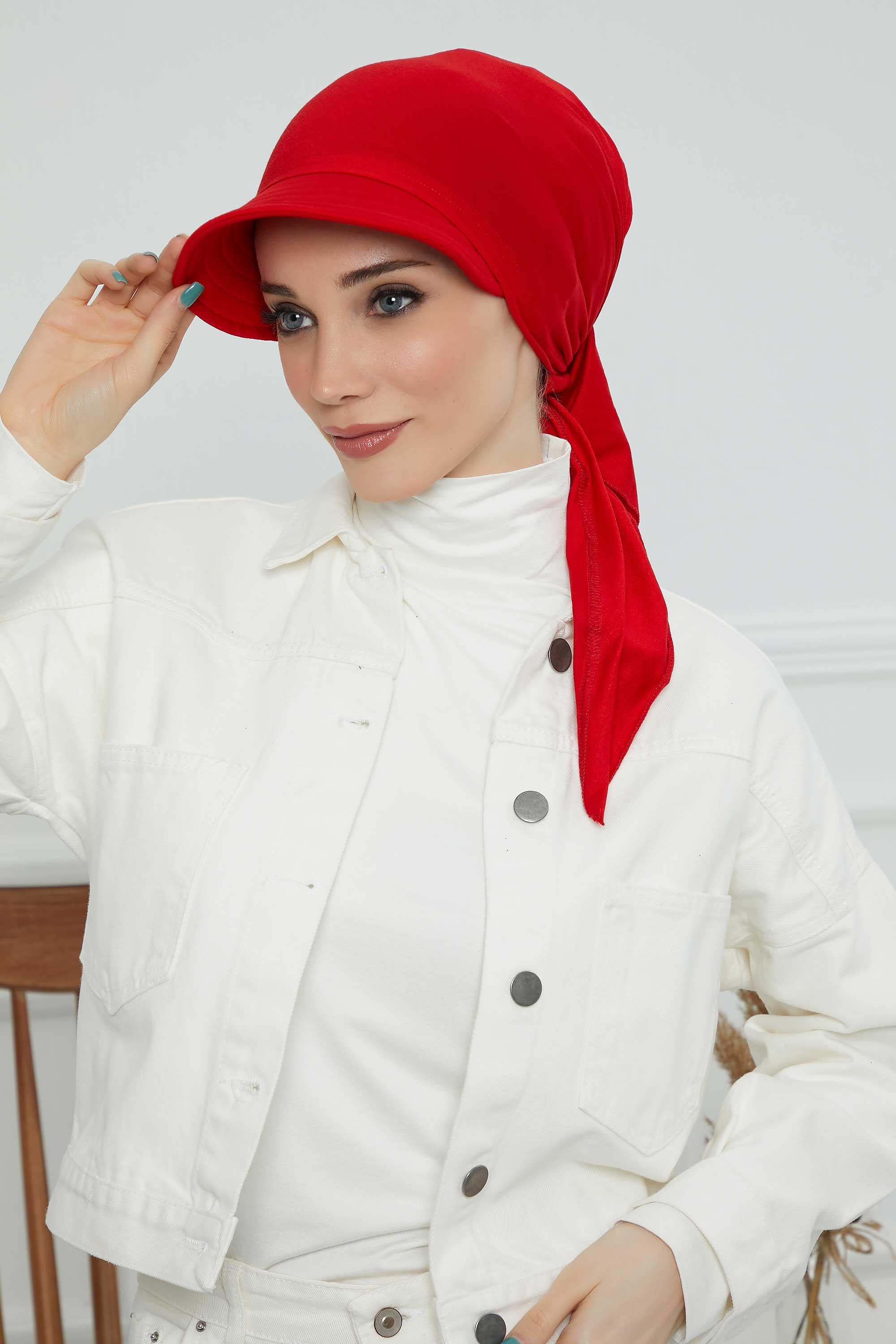 Instant Turban Newsboy Hat for Women, 95% Cotton Women's Visor Cap, Stylish Chemo Bonnet Visor Cap, Handmade Women Newsboy Headwear,B-71 Red