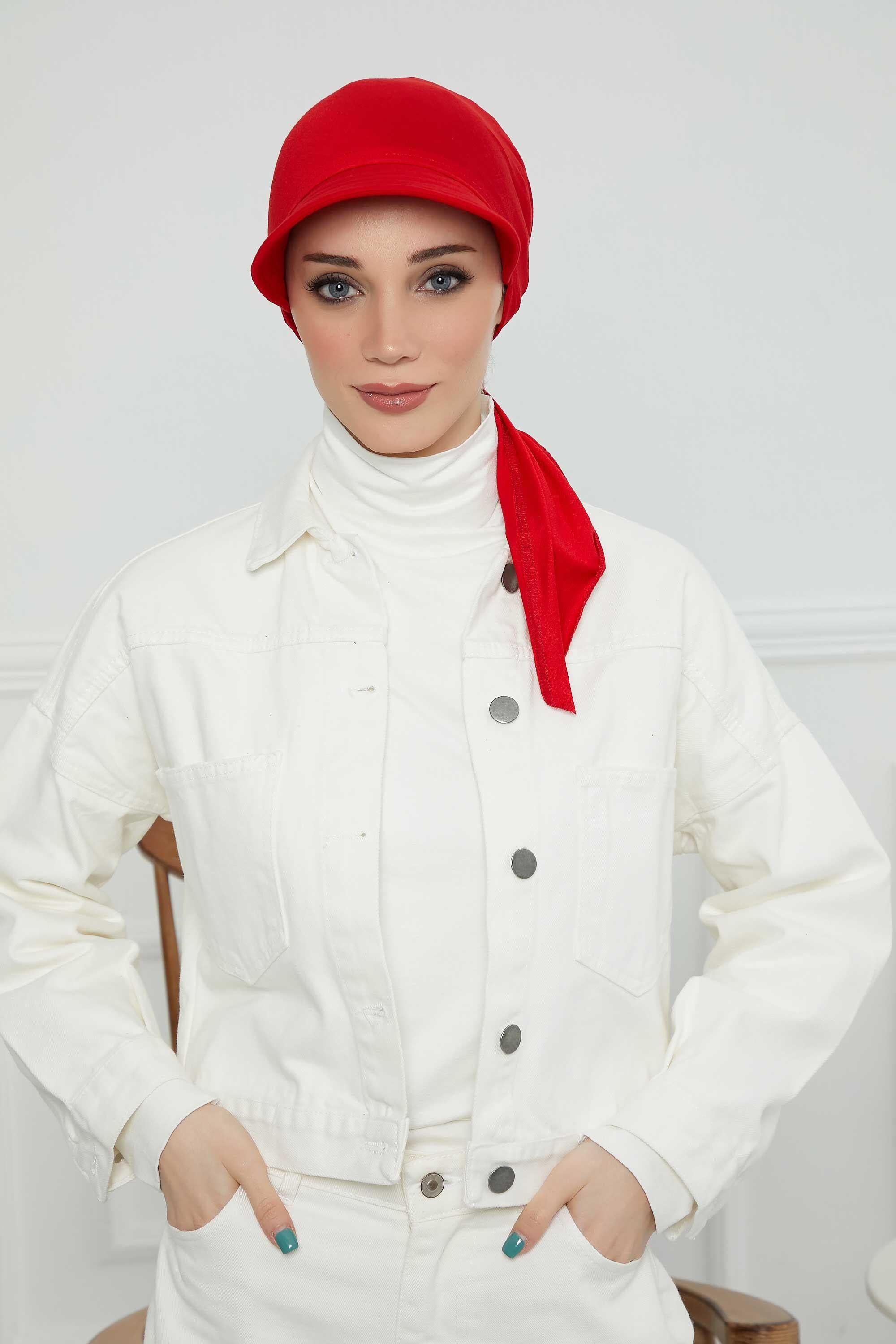 Instant Turban Newsboy Hat for Women, 95% Cotton Women's Visor Cap, Stylish Chemo Bonnet Visor Cap, Handmade Women Newsboy Headwear,B-71 Red