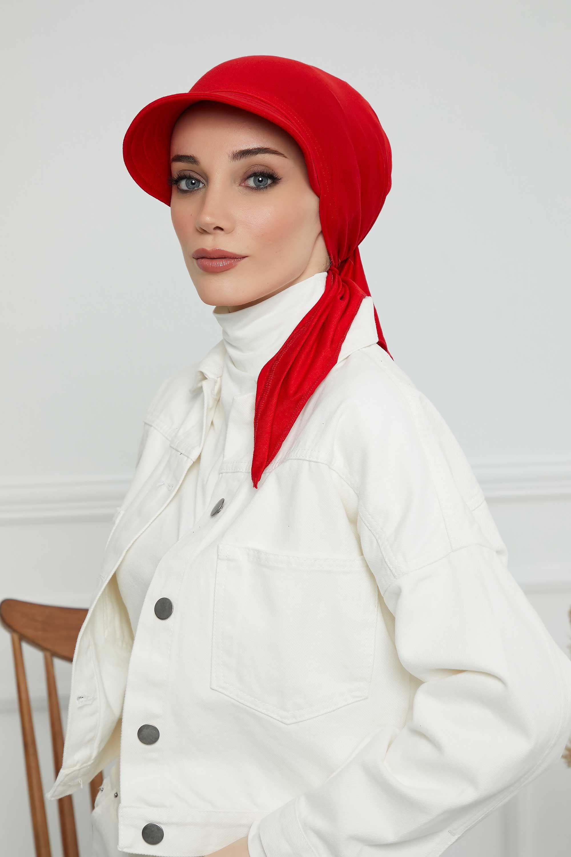 Instant Turban Newsboy Hat for Women, 95% Cotton Women's Visor Cap, Stylish Chemo Bonnet Visor Cap, Handmade Women Newsboy Headwear,B-71 Red