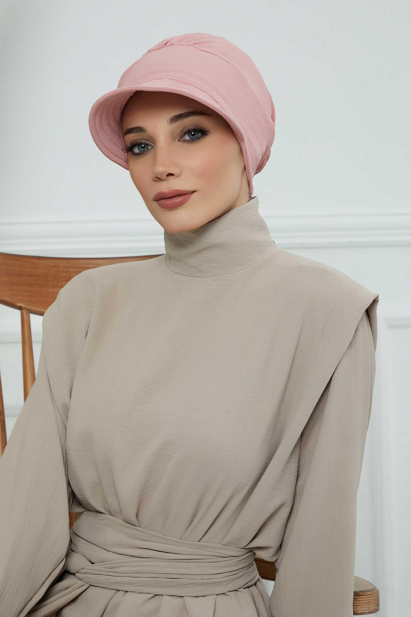 High Quality Newsboy Women Hat, Pre-Tied Turban made from High Quality Wrinkle-Resistant Aerobin Fabric, Visored Instant Turban Cover,B-73A Pink