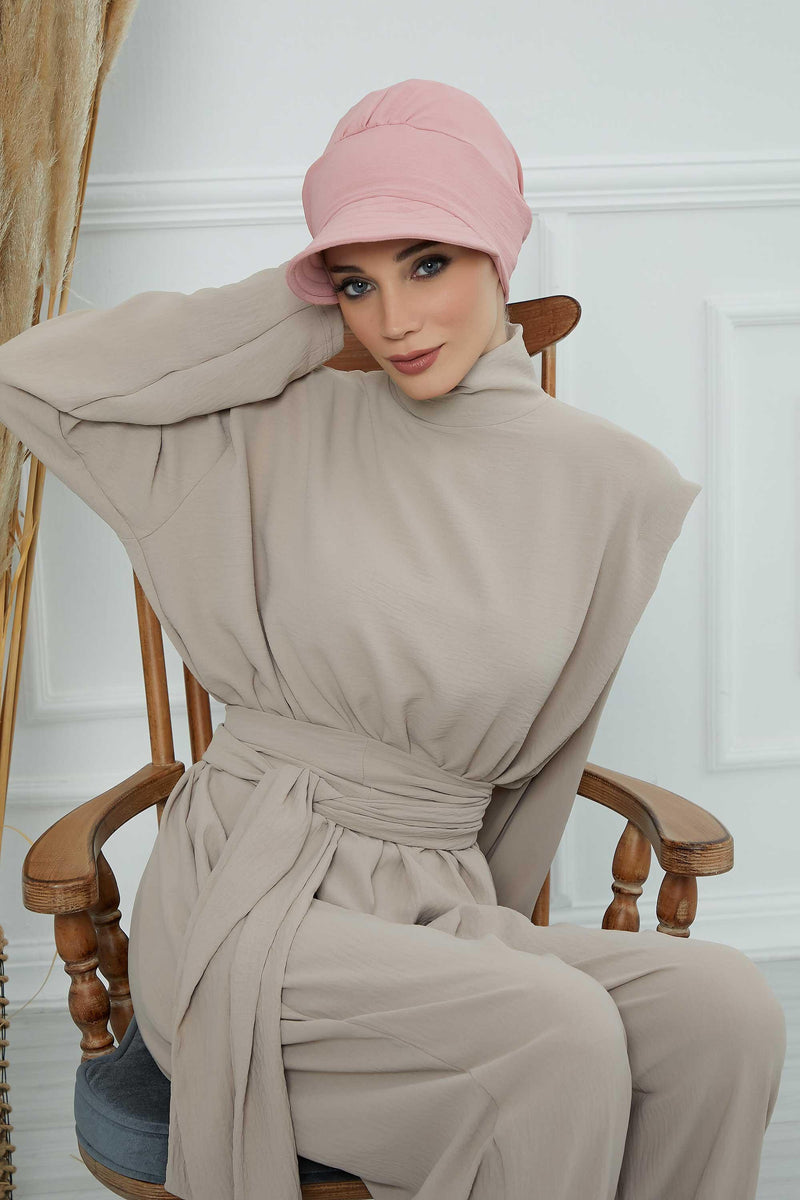 High Quality Newsboy Women Hat, Pre-Tied Turban made from High Quality Wrinkle-Resistant Aerobin Fabric, Visored Instant Turban Cover,B-73A Pink