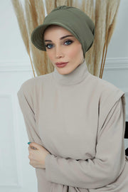 High Quality Newsboy Women Hat, Pre-Tied Turban made from High Quality Wrinkle-Resistant Aerobin Fabric, Visored Instant Turban Cover,B-73A Army Green