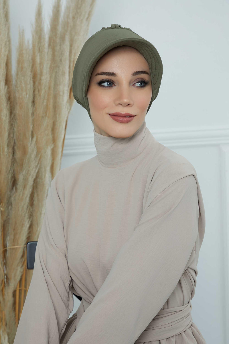 High Quality Newsboy Women Hat, Pre-Tied Turban made from High Quality Wrinkle-Resistant Aerobin Fabric, Visored Instant Turban Cover,B-73A Army Green