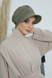 High Quality Newsboy Women Hat, Pre-Tied Turban made from High Quality Wrinkle-Resistant Aerobin Fabric, Visored Instant Turban Cover,B-73A Army Green