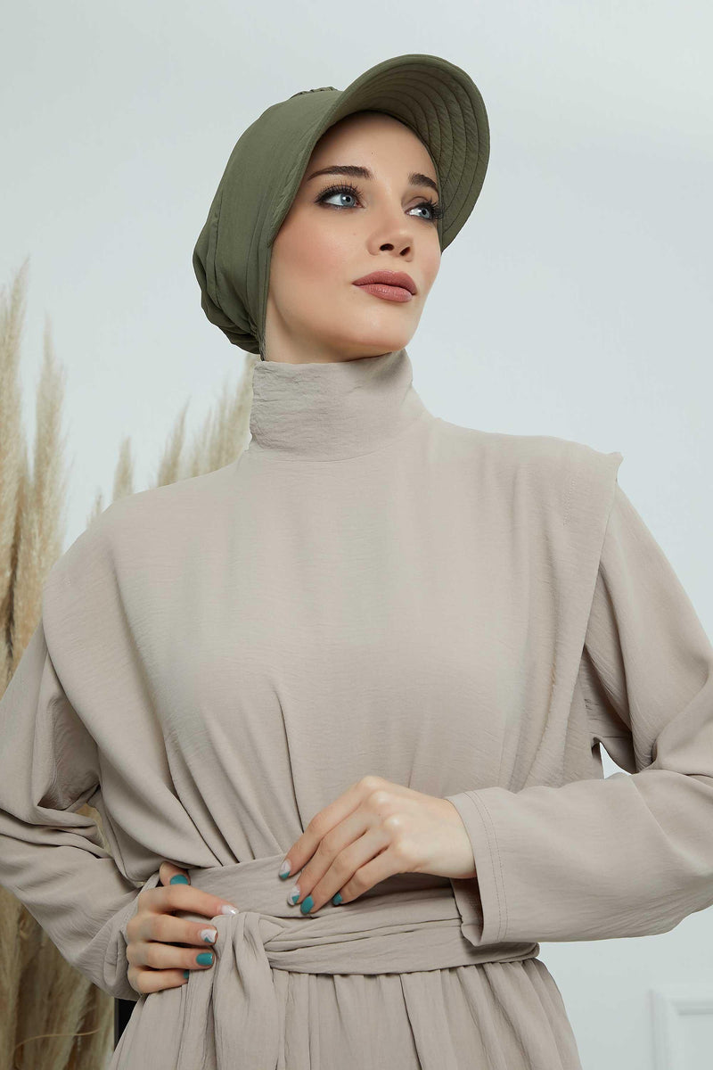 High Quality Newsboy Women Hat, Pre-Tied Turban made from High Quality Wrinkle-Resistant Aerobin Fabric, Visored Instant Turban Cover,B-73A Army Green