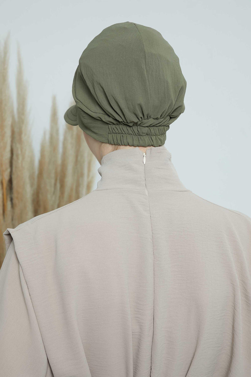 High Quality Newsboy Women Hat, Pre-Tied Turban made from High Quality Wrinkle-Resistant Aerobin Fabric, Visored Instant Turban Cover,B-73A Army Green