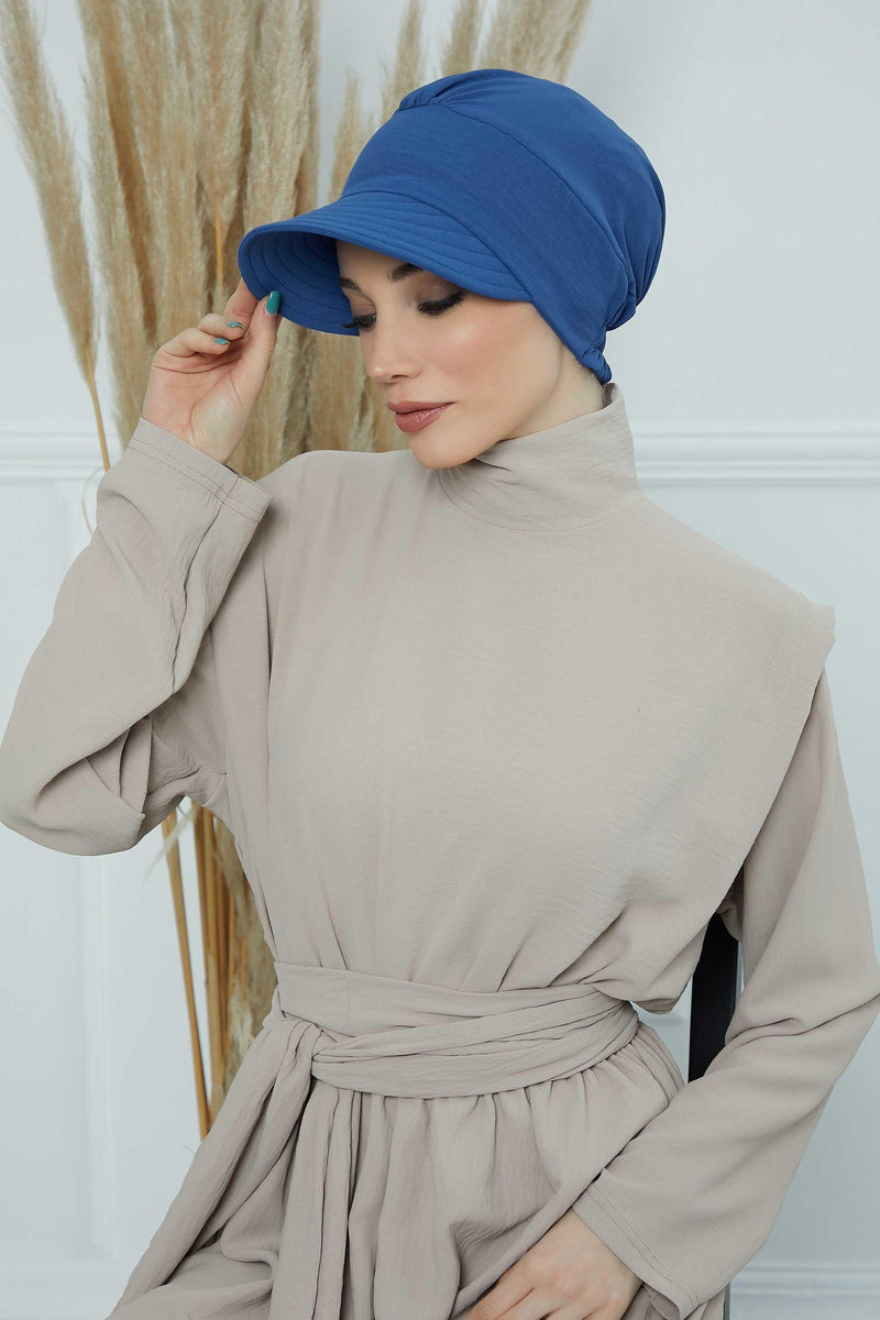High Quality Newsboy Women Hat, Pre-Tied Turban made from High Quality Wrinkle-Resistant Aerobin Fabric, Visored Instant Turban Cover,B-73A Blue