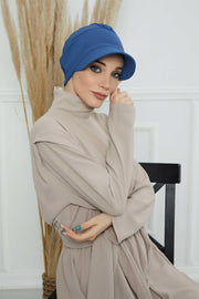 High Quality Newsboy Women Hat, Pre-Tied Turban made from High Quality Wrinkle-Resistant Aerobin Fabric, Visored Instant Turban Cover,B-73A Blue