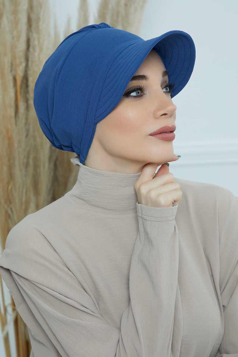 High Quality Newsboy Women Hat, Pre-Tied Turban made from High Quality Wrinkle-Resistant Aerobin Fabric, Visored Instant Turban Cover,B-73A Blue