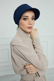 High Quality Newsboy Women Hat, Pre-Tied Turban made from High Quality Wrinkle-Resistant Aerobin Fabric, Visored Instant Turban Cover,B-73A Navy Blue