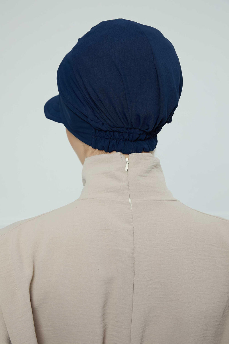 High Quality Newsboy Women Hat, Pre-Tied Turban made from High Quality Wrinkle-Resistant Aerobin Fabric, Visored Instant Turban Cover,B-73A Navy Blue