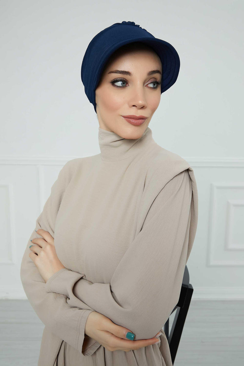 High Quality Newsboy Women Hat, Pre-Tied Turban made from High Quality Wrinkle-Resistant Aerobin Fabric, Visored Instant Turban Cover,B-73A Navy Blue