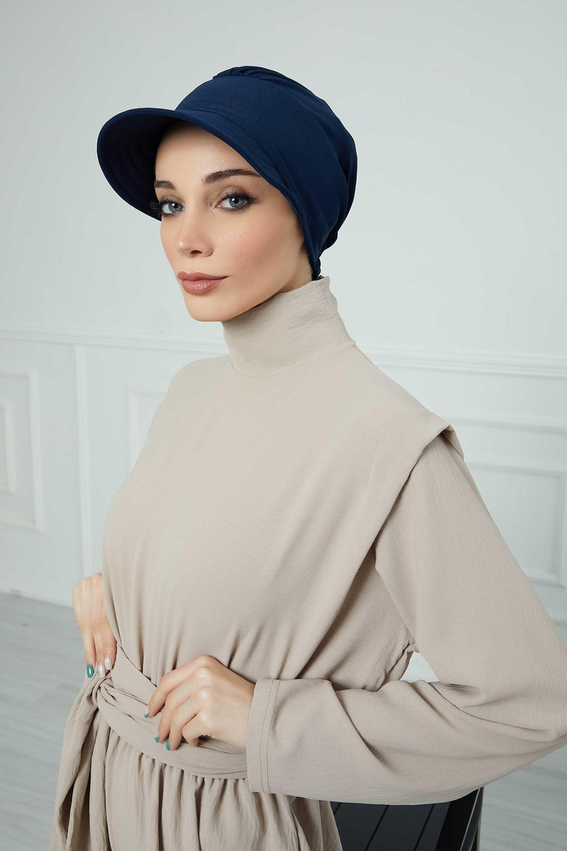 High Quality Newsboy Women Hat, Pre-Tied Turban made from High Quality Wrinkle-Resistant Aerobin Fabric, Visored Instant Turban Cover,B-73A Navy Blue