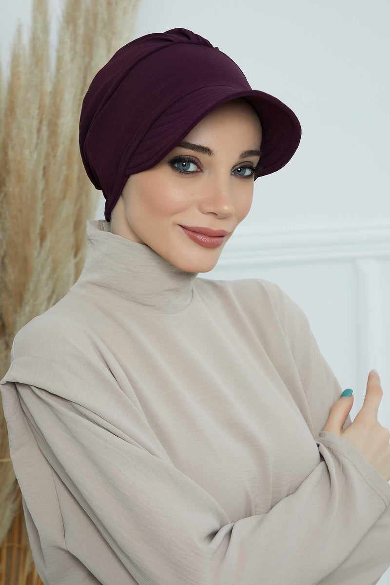 High Quality Newsboy Women Hat, Pre-Tied Turban made from High Quality Wrinkle-Resistant Aerobin Fabric, Visored Instant Turban Cover,B-73A Purple