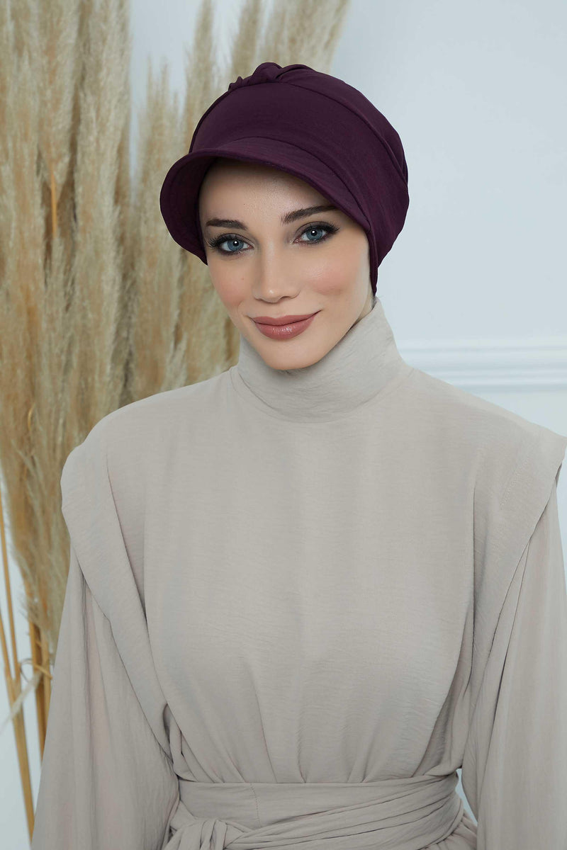 High Quality Newsboy Women Hat, Pre-Tied Turban made from High Quality Wrinkle-Resistant Aerobin Fabric, Visored Instant Turban Cover,B-73A Purple