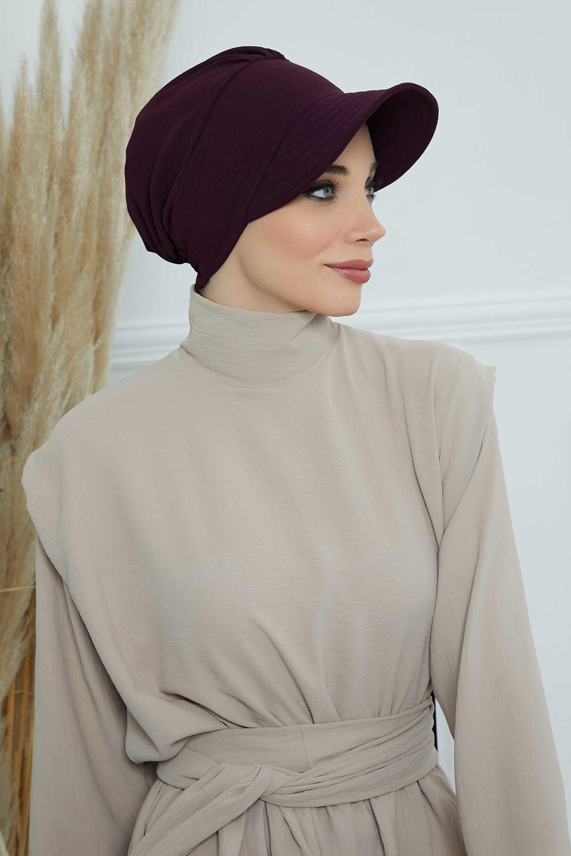 High Quality Newsboy Women Hat, Pre-Tied Turban made from High Quality Wrinkle-Resistant Aerobin Fabric, Visored Instant Turban Cover,B-73A Purple