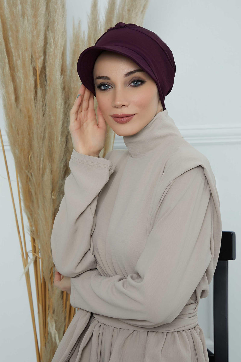 High Quality Newsboy Women Hat, Pre-Tied Turban made from High Quality Wrinkle-Resistant Aerobin Fabric, Visored Instant Turban Cover,B-73A Purple