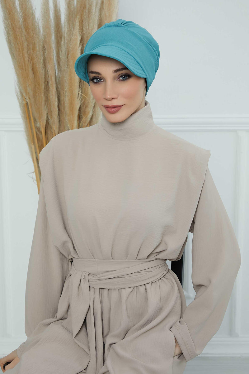 High Quality Newsboy Women Hat, Pre-Tied Turban made from High Quality Wrinkle-Resistant Aerobin Fabric, Visored Instant Turban Cover,B-73A Mint Green