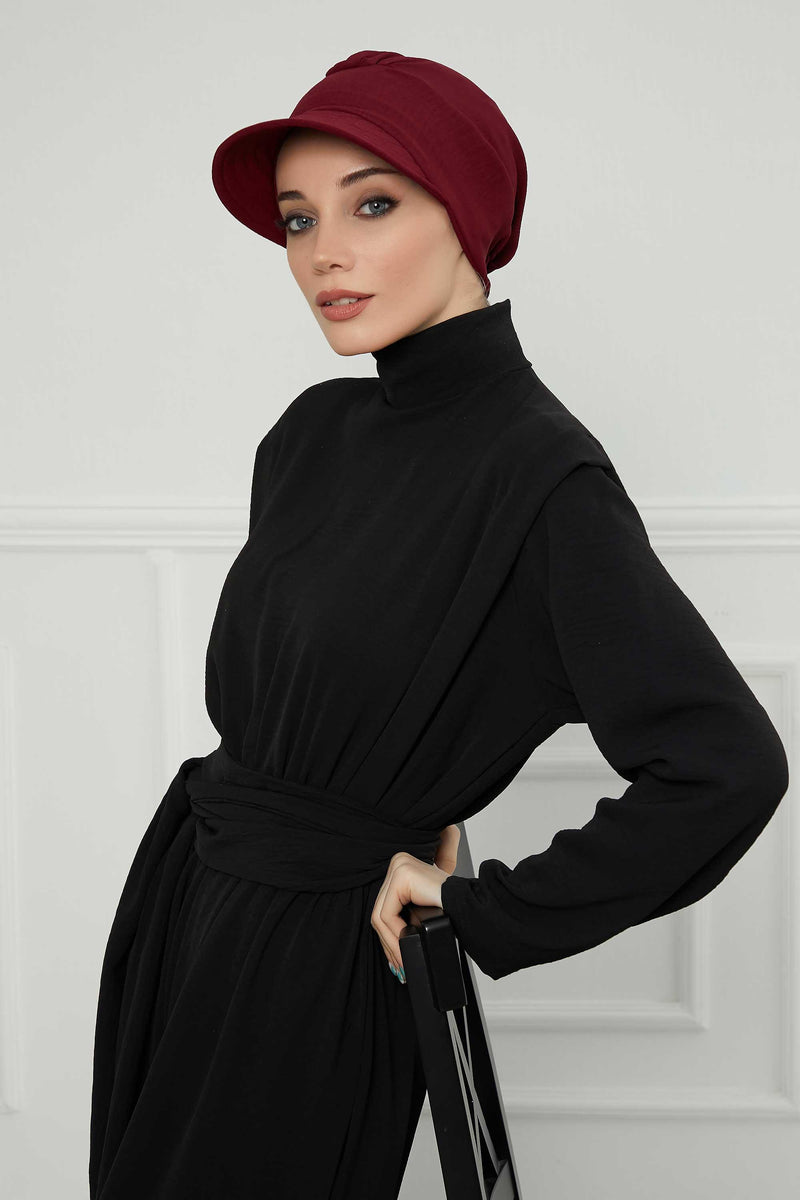 High Quality Newsboy Women Hat, Pre-Tied Turban made from High Quality Wrinkle-Resistant Aerobin Fabric, Visored Instant Turban Cover,B-73A Maroon