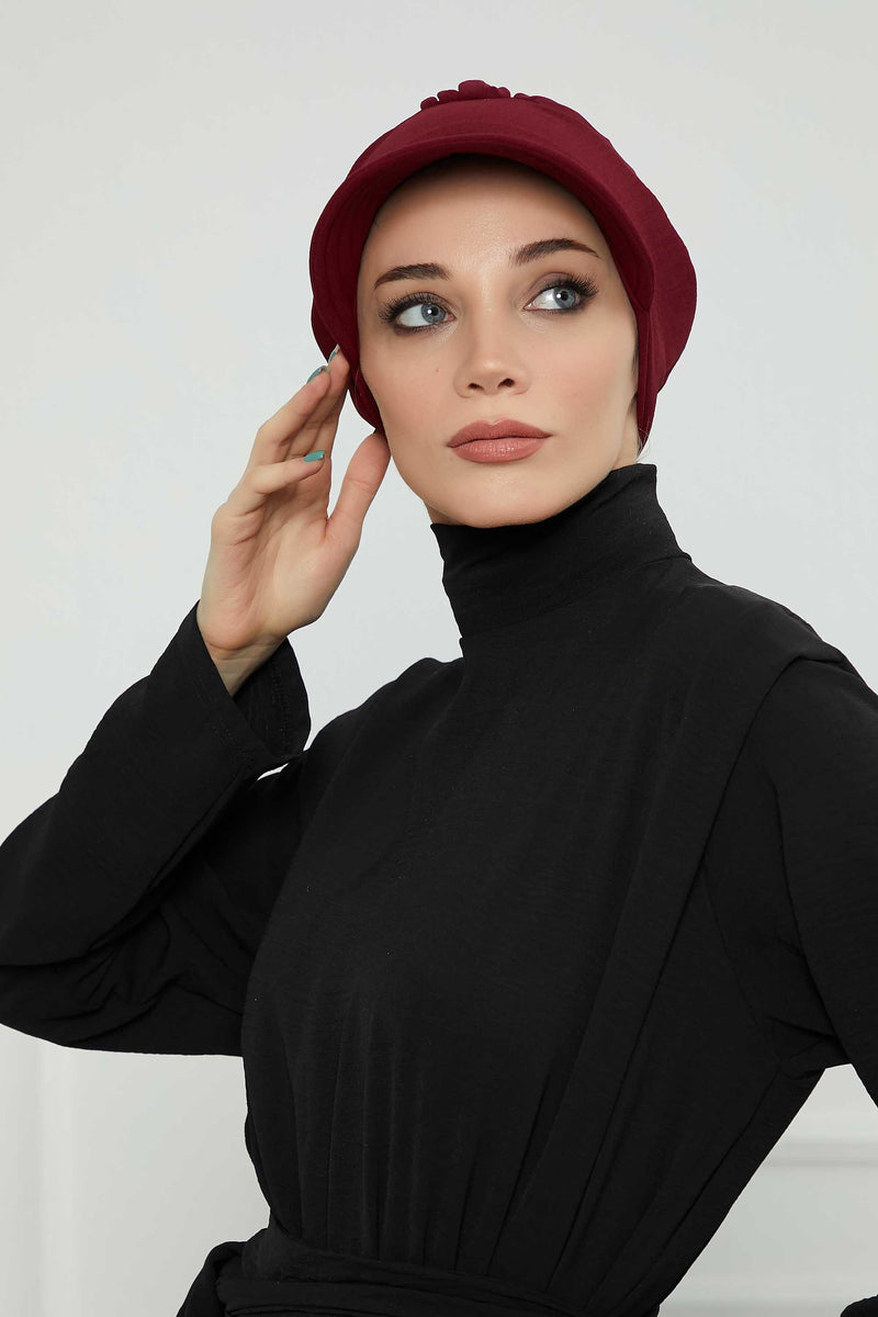 High Quality Newsboy Women Hat, Pre-Tied Turban made from High Quality Wrinkle-Resistant Aerobin Fabric, Visored Instant Turban Cover,B-73A Maroon