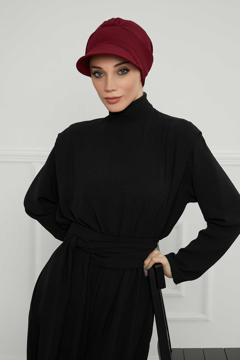 High Quality Newsboy Women Hat, Pre-Tied Turban made from High Quality Wrinkle-Resistant Aerobin Fabric, Visored Instant Turban Cover,B-73A Maroon