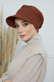 High Quality Newsboy Women Hat, Pre-Tied Turban made from High Quality Wrinkle-Resistant Aerobin Fabric, Visored Instant Turban Cover,B-73A Cinnamon