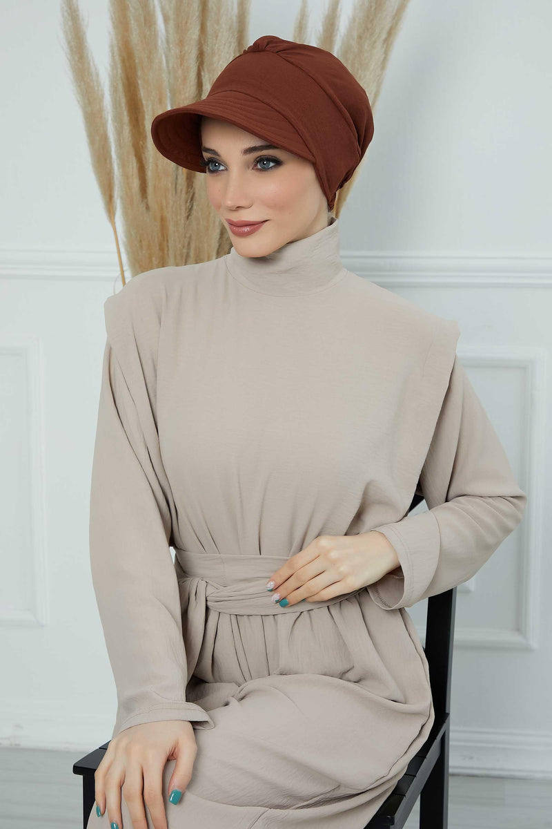 High Quality Newsboy Women Hat, Pre-Tied Turban made from High Quality Wrinkle-Resistant Aerobin Fabric, Visored Instant Turban Cover,B-73A Cinnamon