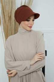 High Quality Newsboy Women Hat, Pre-Tied Turban made from High Quality Wrinkle-Resistant Aerobin Fabric, Visored Instant Turban Cover,B-73A Cinnamon