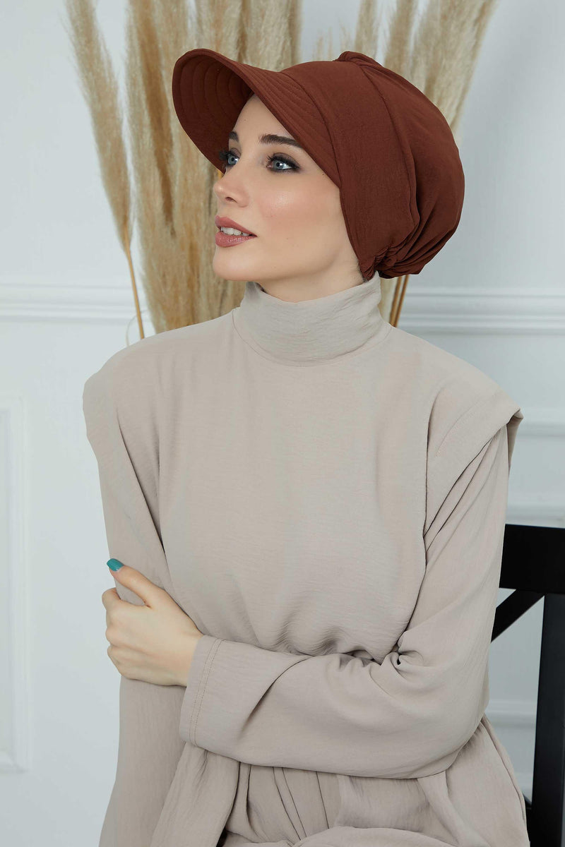 High Quality Newsboy Women Hat, Pre-Tied Turban made from High Quality Wrinkle-Resistant Aerobin Fabric, Visored Instant Turban Cover,B-73A Cinnamon