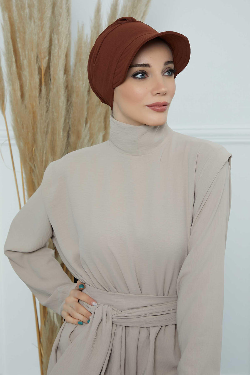 High Quality Newsboy Women Hat, Pre-Tied Turban made from High Quality Wrinkle-Resistant Aerobin Fabric, Visored Instant Turban Cover,B-73A Cinnamon