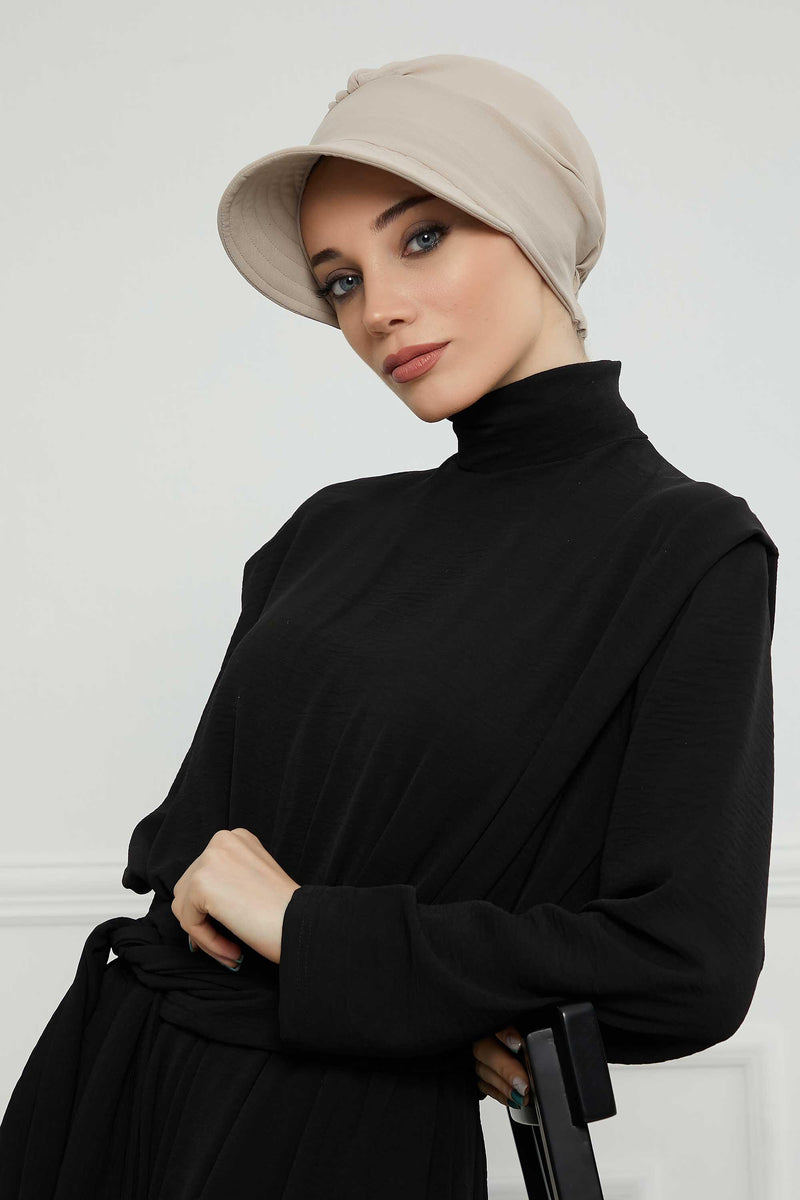 High Quality Newsboy Women Hat, Pre-Tied Turban made from High Quality Wrinkle-Resistant Aerobin Fabric, Visored Instant Turban Cover,B-73A Beige