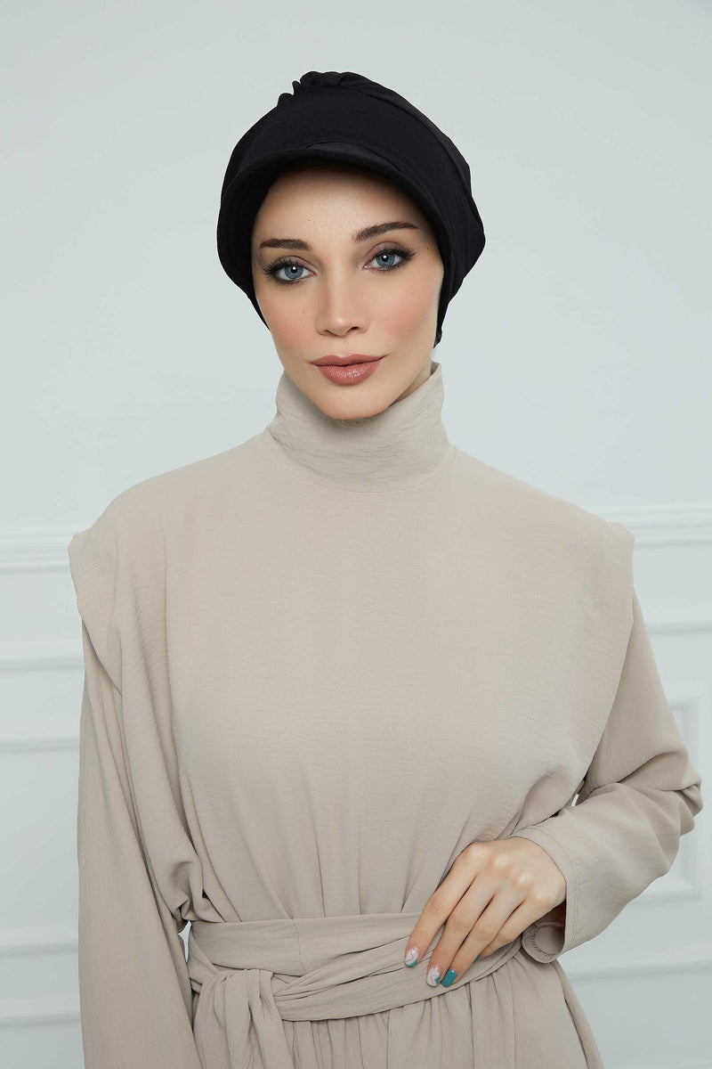 High Quality Newsboy Women Hat, Pre-Tied Turban made from High Quality Wrinkle-Resistant Aerobin Fabric, Visored Instant Turban Cover,B-73A Black