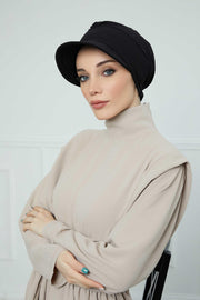 High Quality Newsboy Women Hat, Pre-Tied Turban made from High Quality Wrinkle-Resistant Aerobin Fabric, Visored Instant Turban Cover,B-73A Black